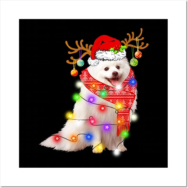 Funny American Eskimo Santa Hat Dog Reindeer Christmas Lights Gift Dog Lover Wall Art by BoongMie